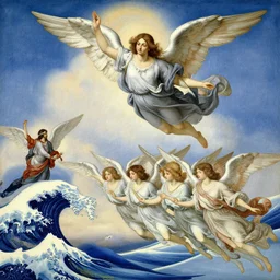 vision of angels - a painting of an angel flying in the sky, with a group of angels flying below it by annibale carracci and katsushika hokusai, style of futuresynth