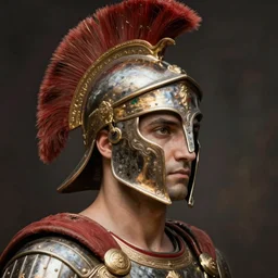 close - up portrait athenian warrior with helmet and armor, art by sebastiao salgado