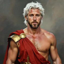 painted portrait of ryan gosling as rugged zeus god of thunder greek god white hair masculine handsome upper body red and gold broad shoulders