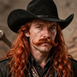 portrait close - up, drunk cowboy redhead long hair, big moustache, black stetson and coat, dusty background, marvel comics, dark, intricate, highly detailed, smooth, artstation, digital illustration, ruan jia, mandy jurgens, rutkowski, albert bierstadt, frank tenney johnson, frazetta