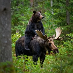 a bear on a moose riding through a thick lush forest