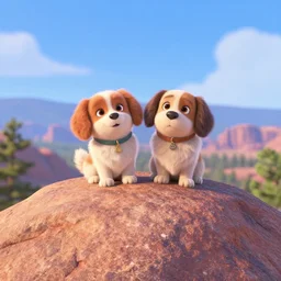 Pixar movie, Two cute Carolina dogs that are best friends sitting on top of Horsetooth Rock in Fort Collins Colorado