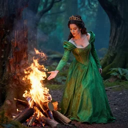 a beautiful green Queen trying to put the fire in the magical forest, professional photography