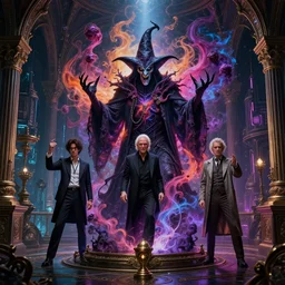 highly detailed, mix of anthony hopkins, tom cuise, evil wizard, intricate colorful cosmic smoke magic, baroque gothic victorian interior cyberpunk city vista, artstation, tyle of artgerm, andreas rocha, hiroshi nagai