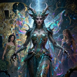 epic portrait of menacing and agitated yet stunningly beautiful biomechanical djinn priestess of creation overseeing the iridescent fabric of the universe, by charlie bowater, mandy jurgens, gustav klimt, octane render, dramatic camera angle, 4k, 8k, high detail, HDR, by tom bagshaw, powerful, with inspiration from Beksinski, inspired by greek goddess Athena