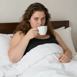 a beautiful fat woman drinking coffee in a bed with white sheets drinking coffee in the style of telous lautrec