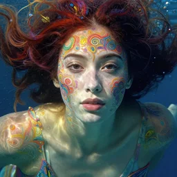 close up of a beautiful woman under water with colourful intricate, by edgar maxence and caravaggio and michael whelan and delacroix style, artistic, intricate drawing, light brazen, realistic fantasy, extremely detailed and beautiful aesthetic face, 8 k resolution, dramatic lighting