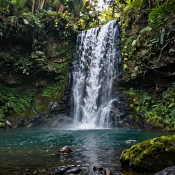 stonebust in beautiful nature with waterfall flowing over it, octane, redshift, photorealism, hyperdetailed, overgrown, small lake with reflections