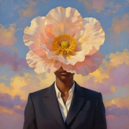 portrait, gigantic flower as head, black woman in suit, surreal photography, golden hour, colorful clouds, impressionist painting, digital painting, artstation, simon stalenhag