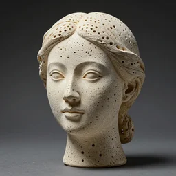 an intricate and extremely detailed sculpture of a female head made of small holes