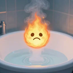 fireball with a sad face watching water vapor in a empty bathtub
