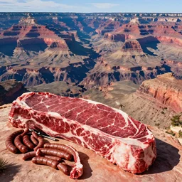 the grand canyon made out of raw bloody!! meat!!, steaks and sausages as far as the eye can see high definition tourist photography family holiday