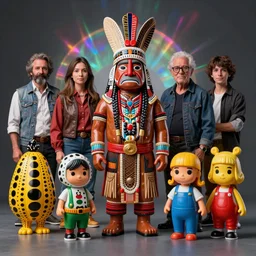 a espiritual portrait of a Selk'nam with a Capirote, Plastic toy, art toy, by Hikari Shimoda , Al Feldstein , mark ryden, Yayoi Kusama, lisa frank , garbage pail kids, Award winning photo, iridiscense, Houdini algorithmic generative render, dramatic lighting, volumetric light, Accurate and detailed, sharp focus, octane render 8k, zoom out ,