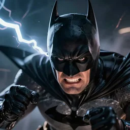 close up of angry Batman’s face in a fight, dramatic lightning, dark mood, trending on Artstation