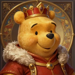portrait of king winnie the pooh, deep focus, intricate, elegant, regal, highly detailed, digital painting, artstation, concept art, matte, sharp focus, illustration, d & d, fantasy, hearthstone, art by artgerm and greg rutkowski and alphonse mucha