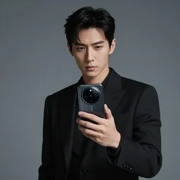 man in a black suit, holding a very advance phone, photorealistic, realistic, dramatic, cinematic, cinematic, photography