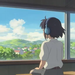 back view of a girl listening to music while sitting with a breathtaking view, by Makoto Shinkai and James Gilleard