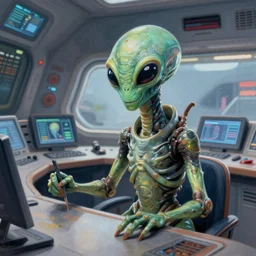 an alien in the ship's control center, painting, ultra detailed, realistic