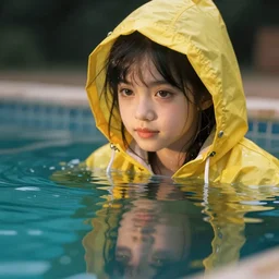 a close-up photograph of a pool of water with a reflection of a girl in a yellow raincoat
