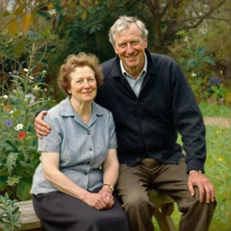 An Edmund Blair Leighton painting of a short 60 year old woman and a tall 60 year old man sit together in a garden, happy