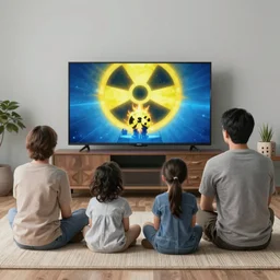 perfect 1 9 5 0 s family watching television while a nuclear war looms outside the window. pop art. sticker. psychedelic. colorful. stylized. greenscreen background