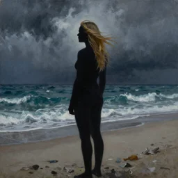silhouette of Elle Fanning on a beach, stormy weather, extremely detailed realist masterpiece, oil on canvas, low-key neon lighting, artstation, Blade Runner 2049, Roger Deakin’s cinematography, by J. C. Leyendecker and Peter Paul Rubens,