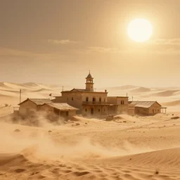 dusty old town in the middle of desert surrounded by sandstorm, scorching heat, sun, midday, concept art, sharp, artstation, cgsociety