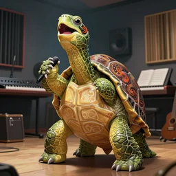 portrait of anthropomorphic turtle singing in a music studio by artgerm greg rutkowski, mucha. art nouveau. gloomhaven, vibrant colors, sharp edges. ultra clear detailed. 8 k. elegant, intricate, octane render