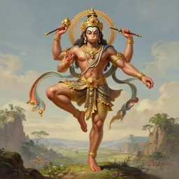 a full body landscape of a beautiful ornated hanuman god, leaping with both legs in side split, intricate, elegant, highly detailed, digital painting, artstation, concept art, smooth, sharp focus, digital illustration, art by krenz cushart and artem demura and alphonse mucha