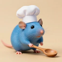 blue rat with chef's hat holding a wooden spoon