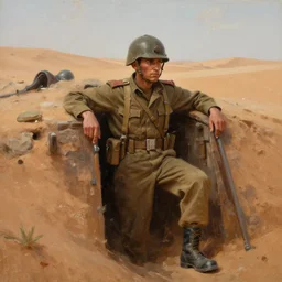 beautiful painting of a soldier in a trench waiting for the war to end, in the sahara desert. cinematic lighting, extremely detailed, painterly brush strokes and textures by greg rutkowski,