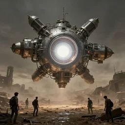 teleportation machine in a post - apocalyptic world, with people using it to escape the wasteland, the machine is a large metal contraption with a bright light in the center by jesper ejsing