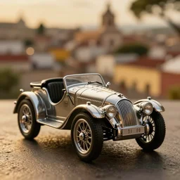 3 5 mm photo of metallic 2 0 1 2 morgan 3 wheeler down, like die cast model, with a blur guanajuato city as background, golden ratio, dramatic lighting, medium shot, shallow depth of field, 8 k, epic cinematic, epic lighting