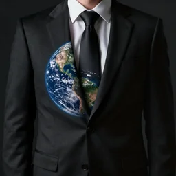 earth in a black suit with black tie, cinimatic