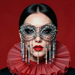 an 8 0 s portrait of a woman with dark eye - shadow and red lips with dark slicked back hair, a mask made of wire and hanging beads, dreaming acid - fueled hallucinations, psychedelic by serge lutens, rolf armstrong, delphin enjolras, peter elson, red cloth background, frilled ruffled collar