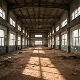 interior of a completely empty factory, dirt floor, large windows on the sides, color photography