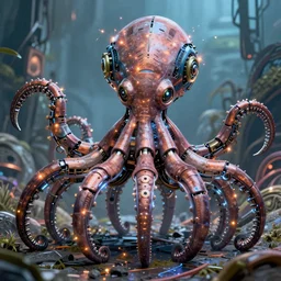portrait of a a mechanical octopus in a scenic environment by vincent di fate, cyberpunk, mechanical parts, electric sparks, trending on artstation
