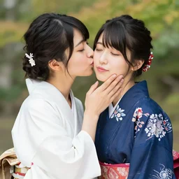 beautiful japanese model in half open kimono kissing another girl on cheek