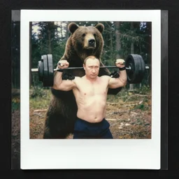 medium shot, very muscular vladimir putin pumping iron with grizzly bear, in woods, polaroid photo, vintage, neutral colors, by gregory crewdson