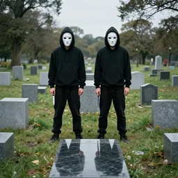 two people are standing in some grave, with black hoodie, handling knife, and porcelent mask, photorealism intricate professional photography cinematic photography wide angle natural grid feature centered reflection realistic