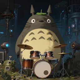 totoro with long hair plays on a large drum set, cyberpunk art by eddie mendoza, cgsociety, sots art, dystopian art, reimagined by industrial light and magic, concept art
