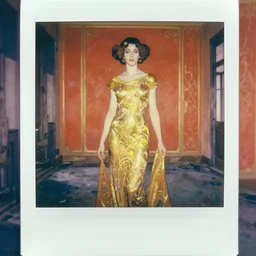 an elegant girl in a liminal abandoned room, red and gold, old polaroid by goya, digital painting, jugendstil, art noveau, strong lights, flat colors, pastel colors,