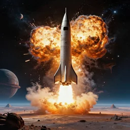 An epic explosion in a futuristic space rocket, moments after takeoff on a surreal planet alien landscape, by Salvador Dali, by Bruce Pennington, trending on artstation, top on pixiv, masterpiece, cinematic composition, dynamic, detailed, beautiful lighting, outer space, interstellar, astronomical, 8K, no frames,