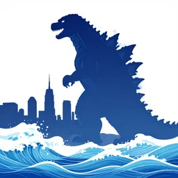 a blue water wave in the silhouette shape of Godzilla looming over New York City, cartoon drawing