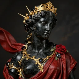 greek godness portrait sculpture, face, body, black marble and gold, vines and spines, obsidian, red drapes and rose