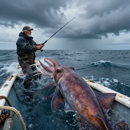 The giant squids point of view, An old fisherman fishing on a boat, on the sea, in a storm, fighting a very strong giant squid with his fishing rod