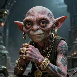 gollum wearing gold rings, chains and earrings in a dungeon, bling, hip hop style, tattoos, imax, foggy atmosphere, bokeh, professional studio shot, stylized photo