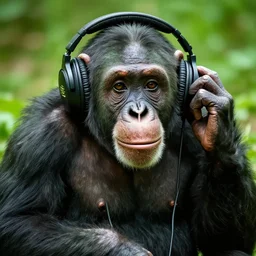 a photo of a green chimp wearing headphones