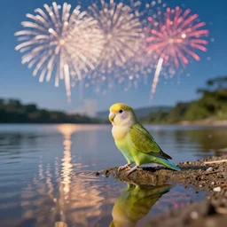lovebird sitting at shore, reflective, sunny day, fireworks, landscape photography, nature