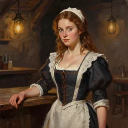 a portrait digital painting of mary elizabeth winstead as a medieval bar maid in a tavern at night. painted by artgerm, ross tran.